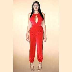 Red Brushed Ribbed Open Side & High-Slit Halter Jumpsuit
